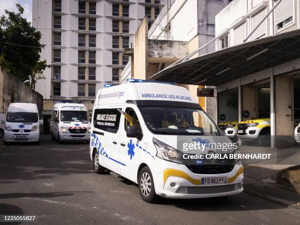Covid 19 patient is being transferred in an ambulance heading to the airport as part of the Hippocampe operation on September 3, 2021 at the...