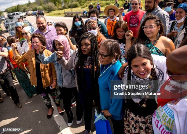 Rep. Cori Bush , Rep. Ilhan Omar , Rep. Ayanna Pressley , State Sen. Mary Kunesh , and Rep. Rashida Tlaib pose for a photo near the headwaters of the...