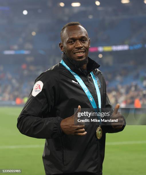 Usain Bolt during Soccer Aid for Unicef 2021 at Etihad Stadium on September 4, 2021 in Manchester, England.