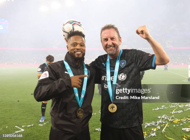 Patrice Evra and Lee Mack during Soccer Aid for Unicef 2021 at Etihad Stadium on September 4, 2021 in Manchester, England.