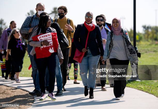Rep. Cori Bush , Rep. Ayanna Pressley , and Rep. Ilhan Omar arrive at a press conference to address the Line 3 Pipeline project at Nymore Beach on...