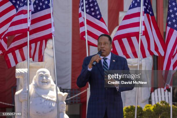 Republican recall candidate Larry Elder addresses the "Asian Rally for Yes on Recall" at the Asian Garden Mall on September 4, 2021 in Westminster,...