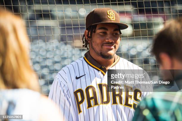 The San Diego Padres 2021 second-round draft pick James Wood speaks to the media before the San Diego Padres face against the Houston Astros on...