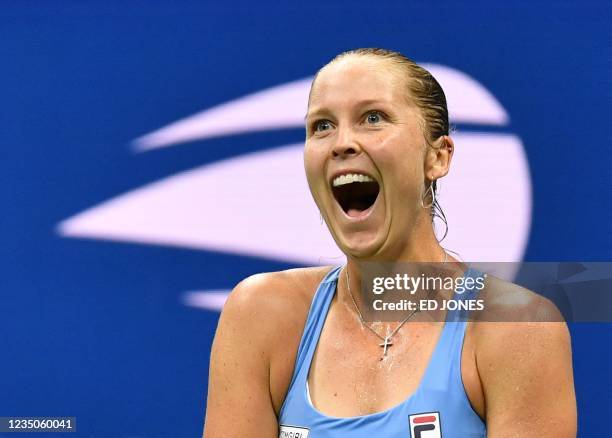 Player Shelby Rogers celebrates her win over Australia's Ashleigh Barty during their 2021 US Open Tennis tournament women's singles third round match...