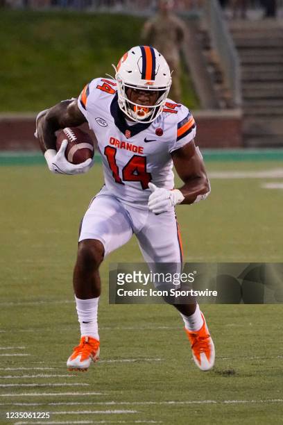 Syracuse Orange Wide Receiver Anthony Queeley runs with the ball after making a catch during the first half of a college football game between the...