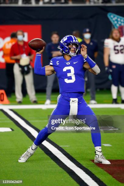 Quarterback Jaren Hall attempts a pass during the Good Sam Vegas Kickoff Classic featuring the Brigham Young University Cougars and the Arizona...