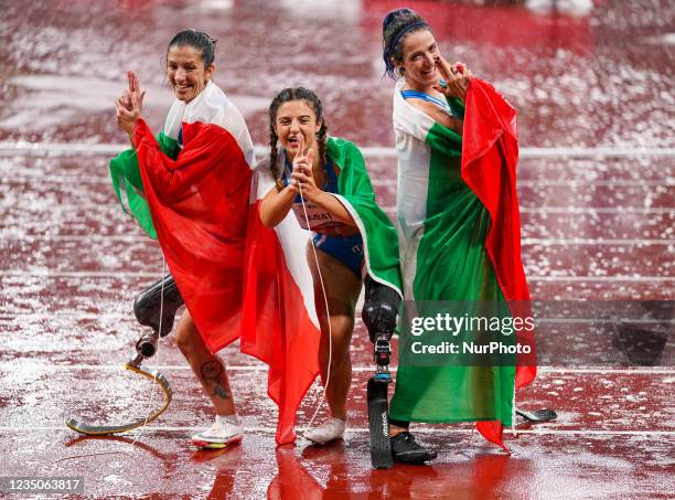 Silver medalist Martina Caironi of Team Italy, right, gold medalist Ambra Sabatini of Team Italy, second right, and bronze medalist Monica Graziana...