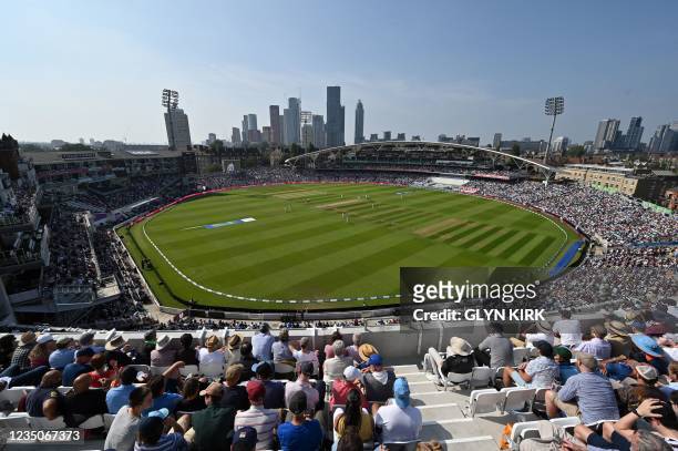 General view of play on the fourth day of the fourth cricket Test match between England and India at the Oval cricket ground in London on September...