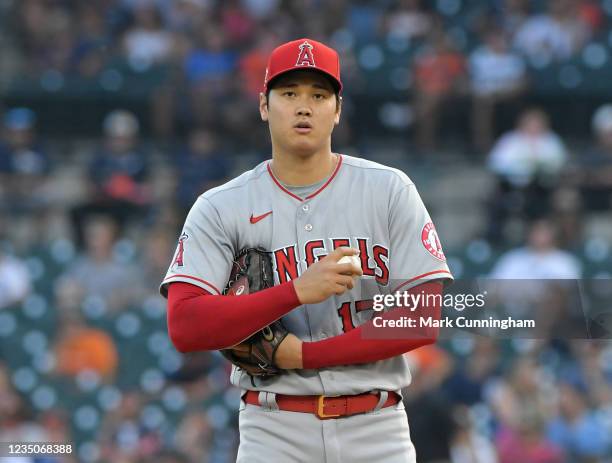 Shohei Ohtani of the Los Angeles Angels looks on from the pitchers mound in the bottom of the third inning against the Detroit Tigers at Comerica...
