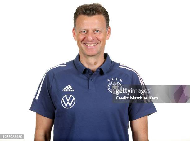 Head coach Christian Woerns poses during the U20 Germany team presentation at First Inn hotel on September 4, 2021 in Zwickau, Germany.