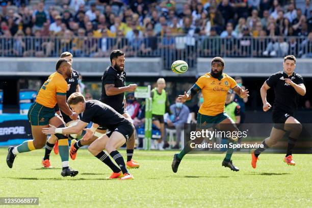 Samu Kerevi of the Wallabies passes the ball during The Rugby Championship and Bledisloe Cup match between the Australian Wallabies and the New...