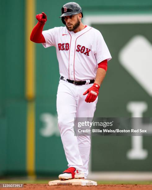 Travis Shaw of the Boston Red Sox reacts after hitting an RBI double during the fifth inning of a game against the Cleveland Indians on September 5,...