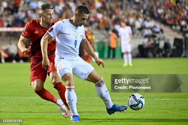 Toby Alderweireld defender of Belgium battles for the ball with Tomas Holes midfielder of Czech Republic during the European Qualifying World Cup...