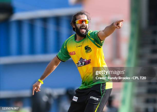 Imad Wasim of Jamaica Tallawahs celebrates the dismissal of Sunil Narine of Trinbago Knight Riders during the 2021 Hero Caribbean Premier League...