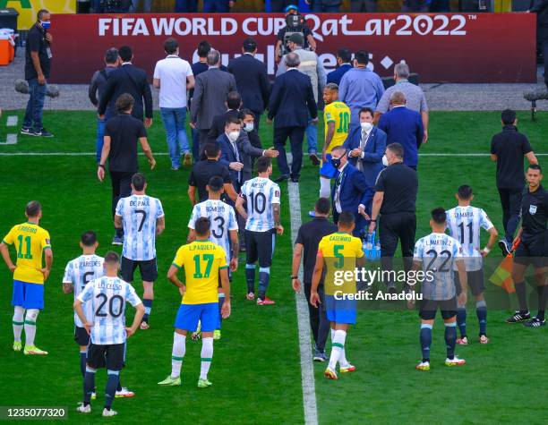 Players leave the area after the World Cup Qualifier game between Brazil and Argentina at Arena Corinthians on September 05, 2021 in Sao Paulo,...