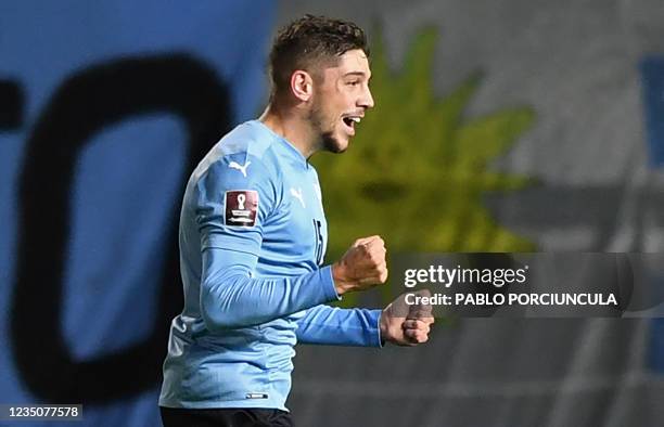 Uruguay's Federico Valverde celebrates after scoring against Bolivia during the South American qualification football match for the FIFA World Cup...