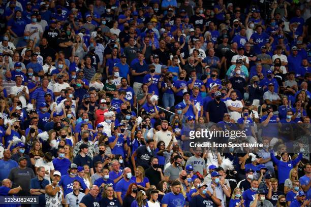 General view of BYU fans cheering in the stands during the Good Sam Vegas Kickoff Classic featuring the Brigham Young University Cougars and the...