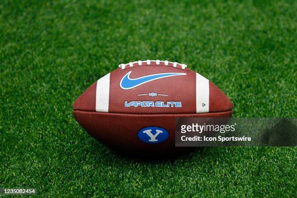 Detail view of a Nike Vapor Elite college football with a BYU logo on the artificial turf prior to the Good Sam Vegas Kickoff Classic featuring the...
