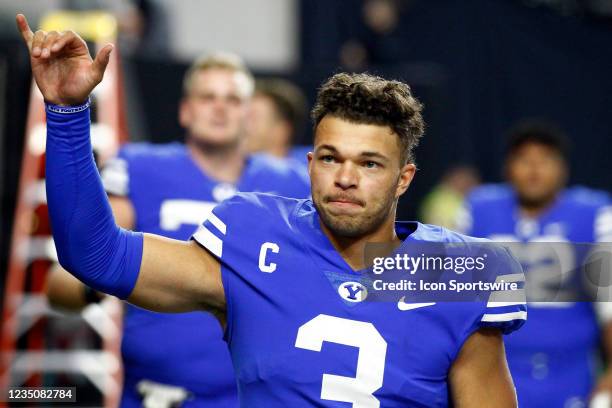 Quarterback Jaren Hall waves to the fans in appreciation after the Good Sam Vegas Kickoff Classic featuring the Brigham Young University Cougars and...