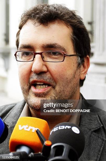 Belgium ecologist party Groen! chairman Wouter Van Besien talks to journalists as he arrives for a meeting with French-speaking Socialist leader and...