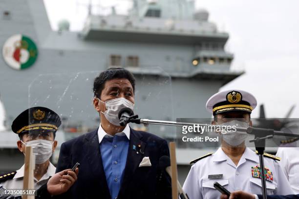 Nobuo Kishi, Japan's Defence Minister, speaks to the members of the media after he inspected the British Royal Navy's HMS Queen Elizabeth aircraft...