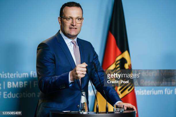 German Health Minister Jens Spahn gestures during a press conference at the Ministry of Education and Research on September 06, 2021 in Berlin,...