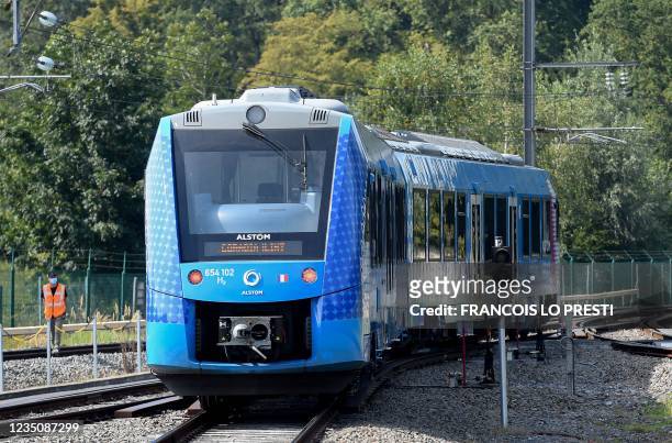 This photograph taken on September 6, 2021 shows Alstom's Coradia iLint train, the first in the world to be powered by hydrogen, during its...