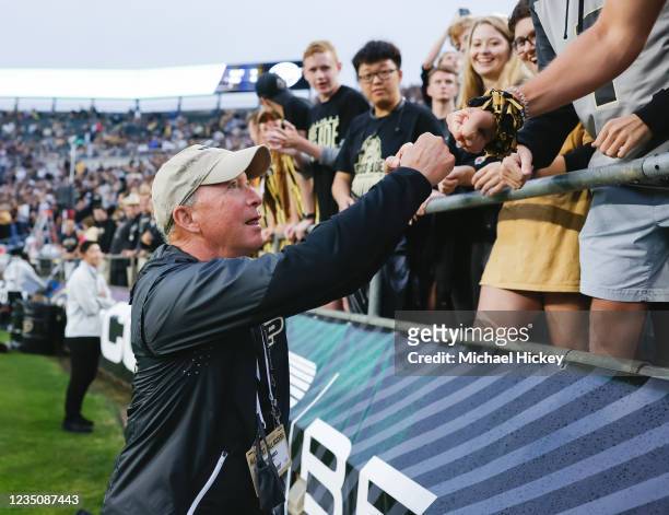 Mitch Daniels Purdue University President greets students before the game against the Oregon State Beavers at Ross-Ade Stadium on September 4, 2021...