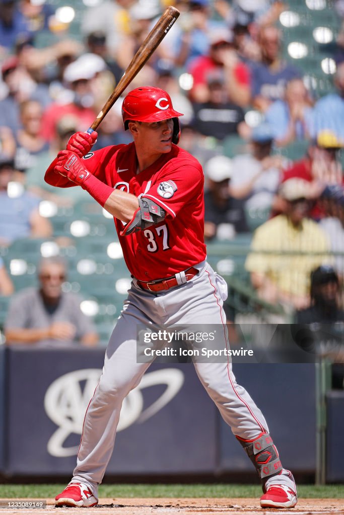 Anthony Stephan Reds Cincinnati Reds catcher Tyler Stephenson bats during an MLB game ...