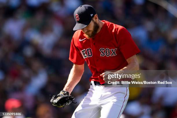 Chris Sale of the Boston Red Sox reacts during the fourth inning of a game against the Tampa Bay Rays on September 6, 2021 at Fenway Park in Boston,...