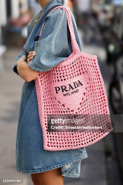 A pastel pink crocheted bag by Prada as a detail of Influencer Lisa... News  Photo - Getty Images