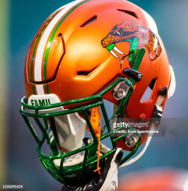 Branded helmet being raised in the air after the Orange Blossom Classic game between the Florida A&M Rattlers and the Jackson State Tigers on Sunday...