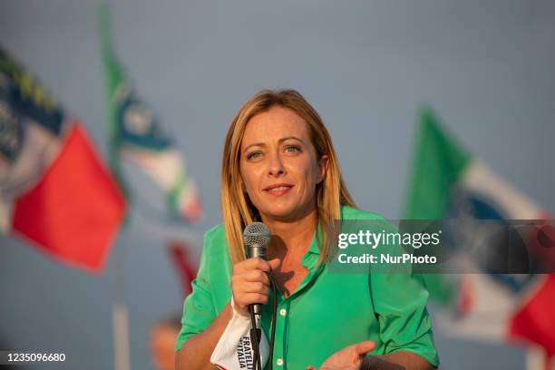 Fratelli d'Italia Leader Giorgia Meloni during her speech in Latina, Italy, on September 6, 2021. Fratelli d'Italia Leader Giorgia Meloni supports...