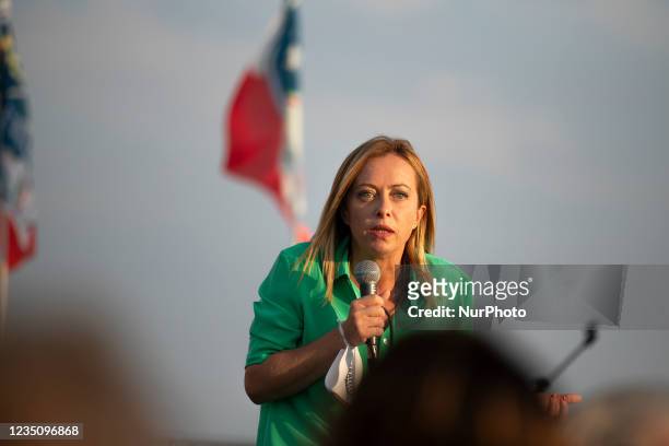 Fratelli d'Italia Leader Giorgia Meloni during her speech in Latina, Italy, on September 6, 2021. Fratelli d'Italia Leader Giorgia Meloni supports...