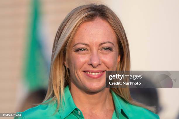 Portrait of Fratelli d'Italia Leader Giorgia Meloni during her speech in Latina, Italy, on September 6, 2021. Fratelli d'Italia Leader Giorgia Meloni...