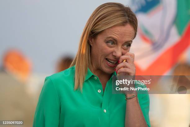 Fratelli d'Italia Leader Giorgia Meloni after her speech in Latina, Italy, on September 6, 2021 Fratelli d'Italia Leader Giorgia Meloni pose in front...