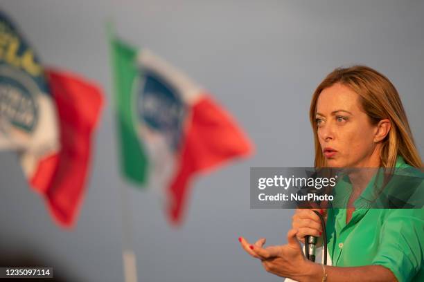 Fratelli d'Italia Leader Giorgia Meloni during her speech in Latina, Italy, on September 6, 2021. Fratelli d'Italia Leader Giorgia Meloni supports...