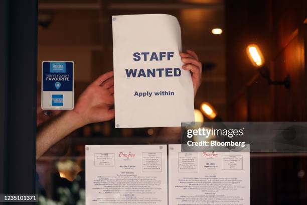 Staff wanted sign in the window of a restaurant in the Soho district of London, U.K., on Tuesday, Sept. 7, 2021. The head of the U.K.s biggest...