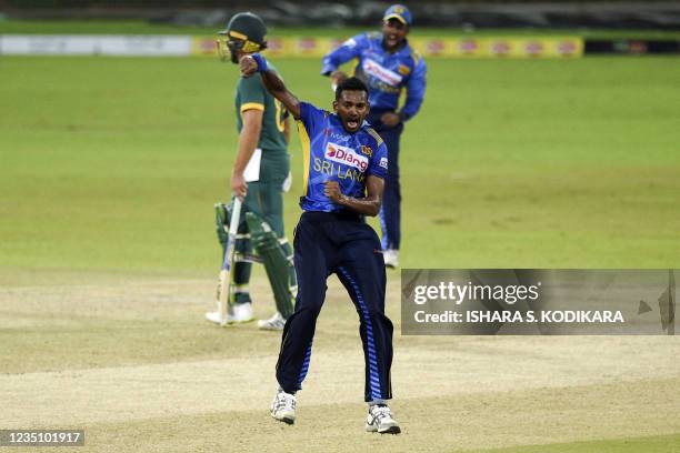 Sri Lanka's Dushmantha Chameera celebrates after the dismissal of South Africa's Reeza Hendricks during the third one-day international cricket match...