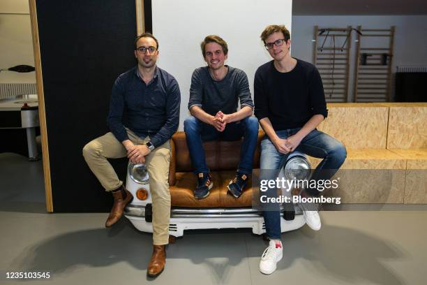Vay co-founders Fabrizio Scelsi, left, Thomas von der Ohe, center, and Bogdan Djukic at the company's offices in Berlin, Germany, on Tuesday, Aug....