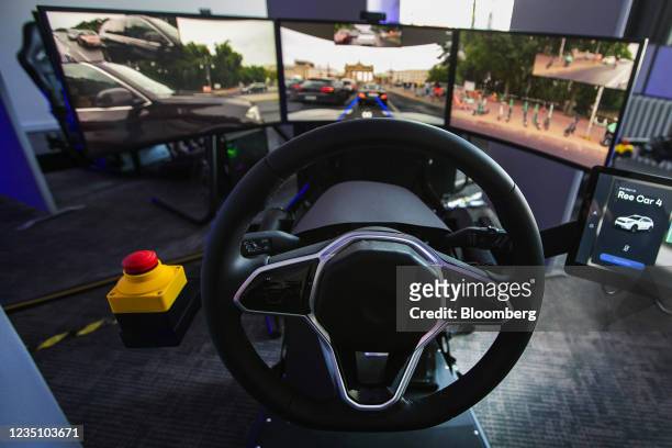 Vay teledriver control station equipped with steering wheel and monitors at the companys offices in Berlin, Germany, on Tuesday, Aug. 24, 2021. Vay,...