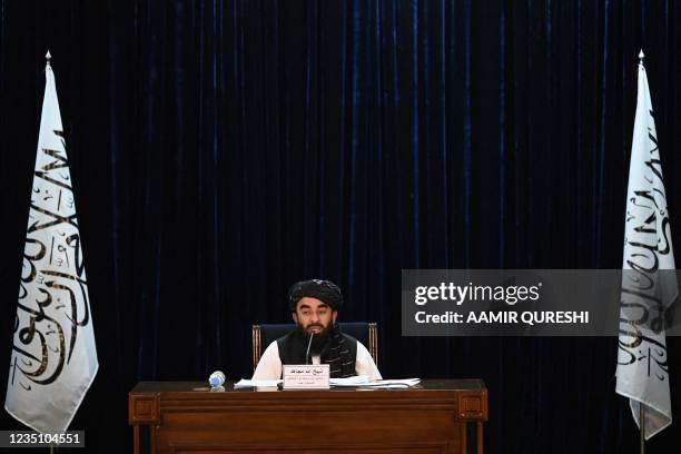 Taliban spokesman Zabihullah Mujahid addresses a press conference in Kabul on September 7, 2021. - The Taliban on September 7 announced UN-sanctioned...