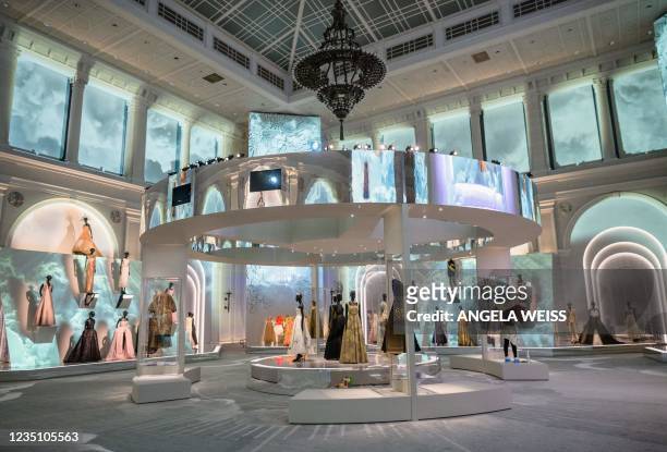Creations by French fashion designer Christian Dior are on display at the Christian Dior: Designer of Dreams exhibition at the Brooklyn Museum in New...