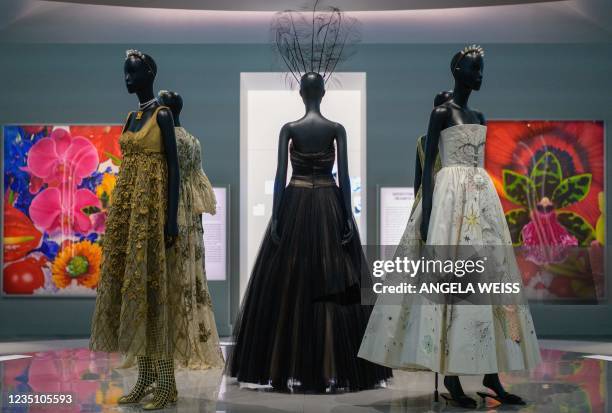 Creations by French fashion designer Christian Dior are on display at the Christian Dior: Designer of Dreams exhibition at the Brooklyn Museum in New...