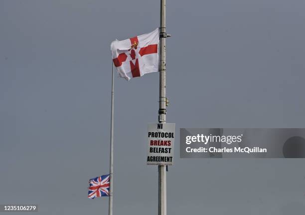 General views of Loyalist anti-Irish sea border posters at the entrance to Larne harbour which is one of the main entry points between Northern...