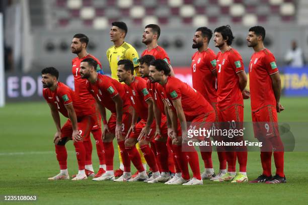 Players of Iran pose for a team photograph prior to the 2022 FIFA World Cup Qualifier match between Iraq and Iran at Khalifa International Stadium on...