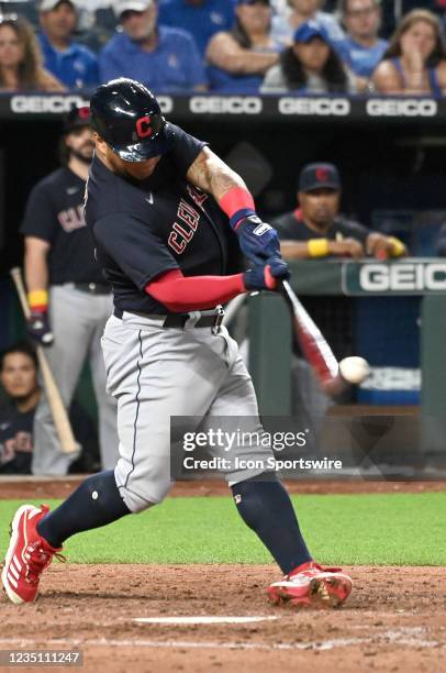 Cleveland Indians left fielder Harold Ramirez doubles in the ninth inning during a Major League Baseball game between the Cleveland Indians and the...