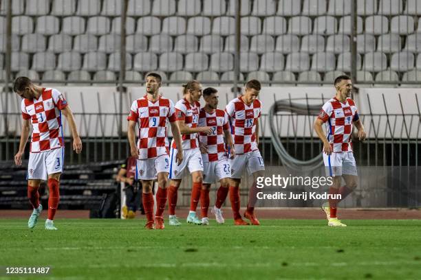 Players of Croatia celebrate Croatian second goal during the 2022 FIFA World Cup Qualifier match between Croatia and Slovenia at Stadion Poljud on...