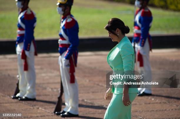 The first lady Michelle Bolsonaro arrives for the flag ceremony on Independence Day at the Alvorada Palace on September 7, 2021 in Brasilia, Brazil....