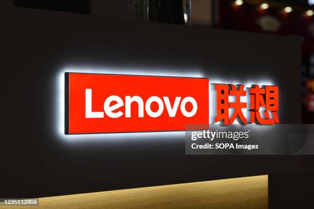 Lenovo Computer manufacturing company logo seen at the 2021 China International Fair for Trade in Services .